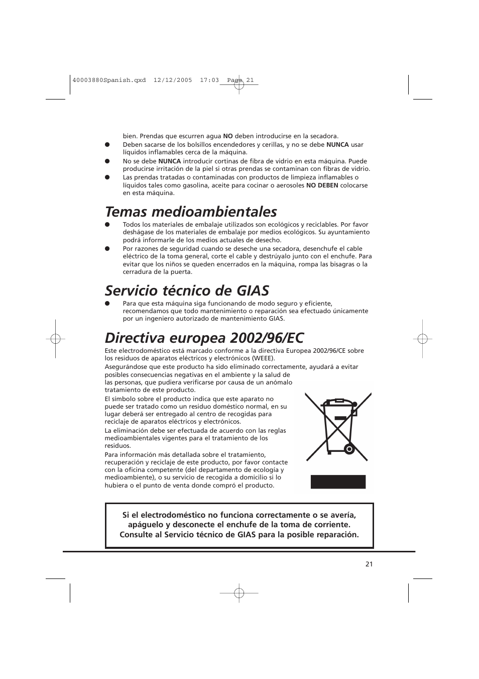 Temas medioambientales, Servicio técnico de gias | Candy AB CV1 66-37 User Manual | Page 21 / 36