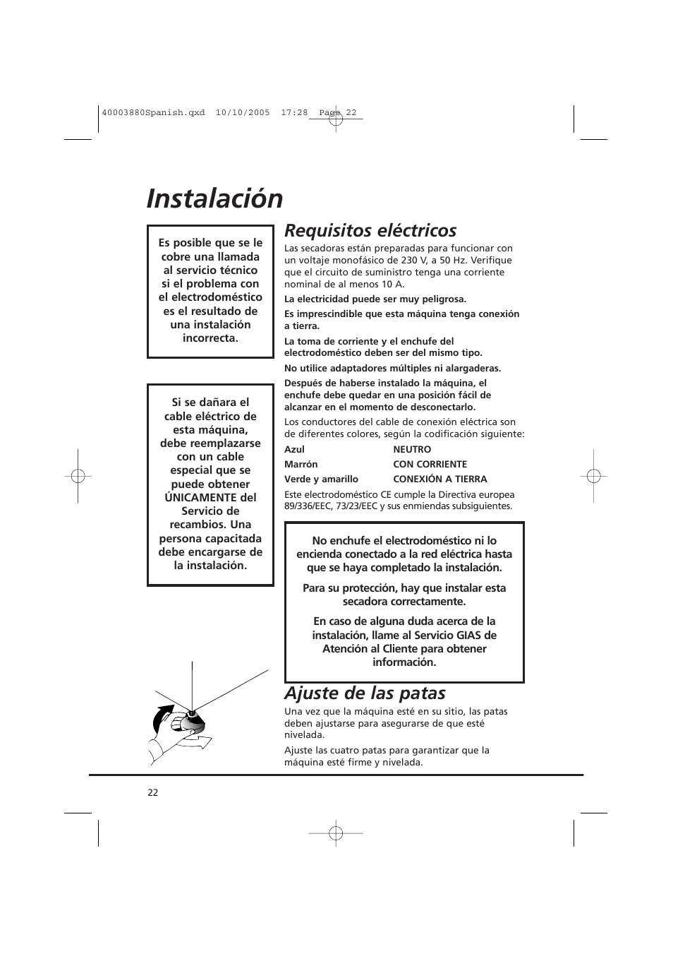 Instalación, Requisitos eléctricos, Ajuste de las patas | Candy AB CV1 66-37 User Manual | Page 22 / 36