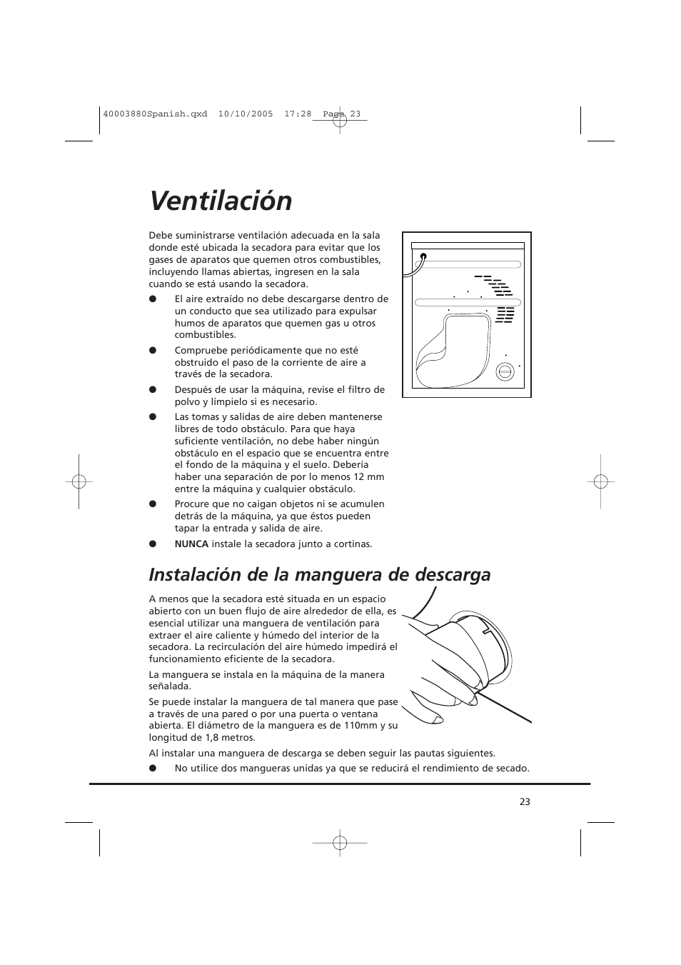 Ventilación, Instalación de la manguera de descarga | Candy AB CV1 66-37 User Manual | Page 23 / 36