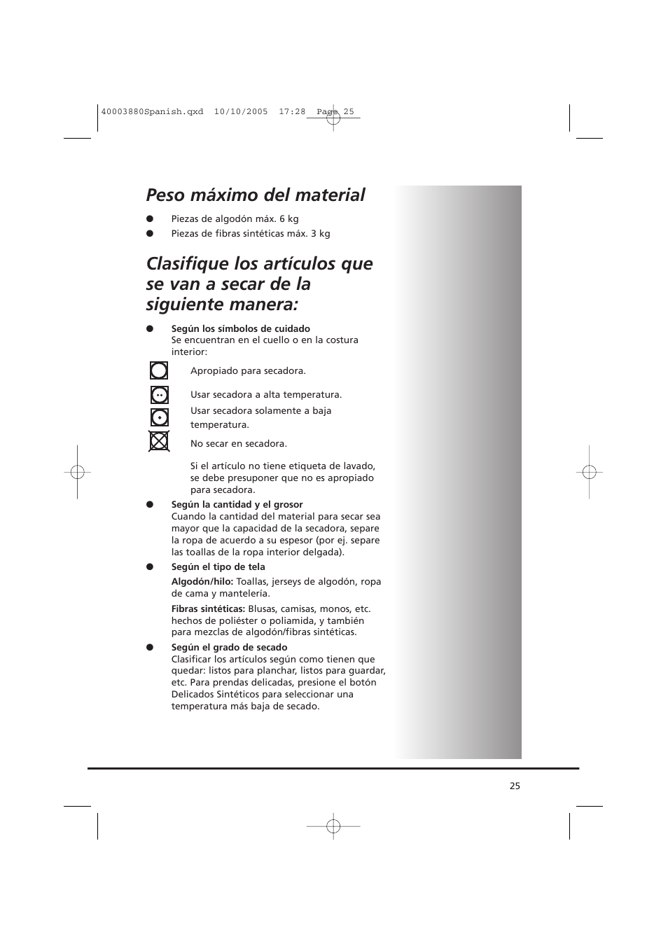 Peso máximo del material | Candy AB CV1 66-37 User Manual | Page 25 / 36