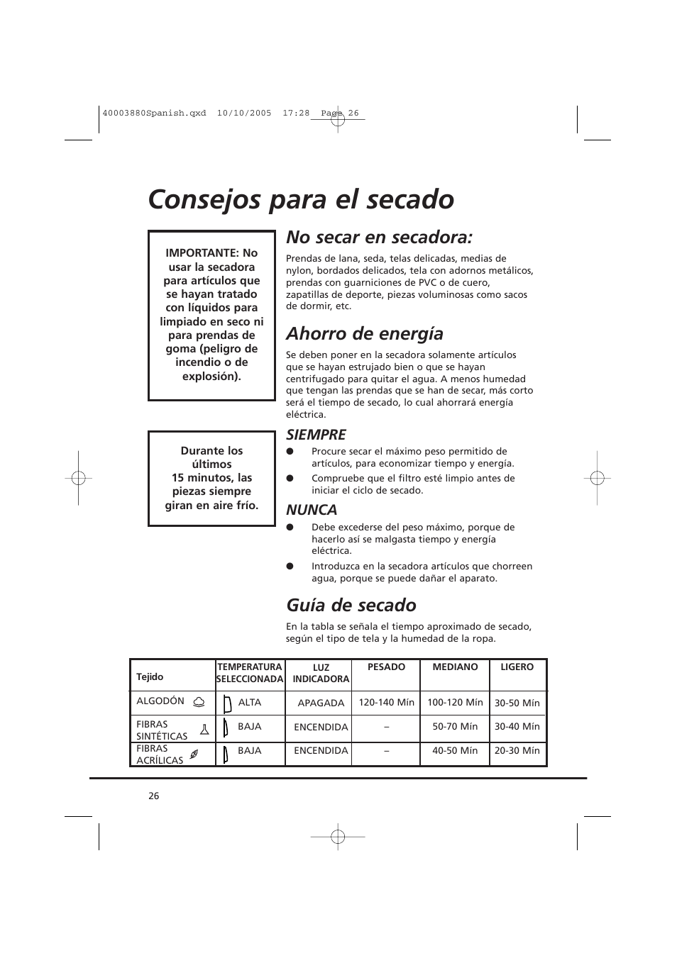 Consejos para el secado, No secar en secadora, Ahorro de energía | Guía de secado, Siempre, Nunca | Candy AB CV1 66-37 User Manual | Page 26 / 36