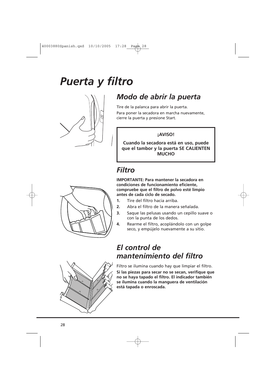 Puerta y filtro, Modo de abrir la puerta, Filtro | El control de mantenimiento del filtro | Candy AB CV1 66-37 User Manual | Page 28 / 36