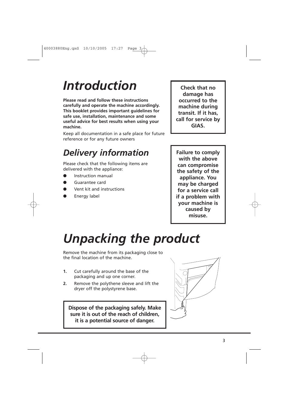 Introduction, Unpacking the product, Delivery information | Candy AB CV1 66-37 User Manual | Page 3 / 36