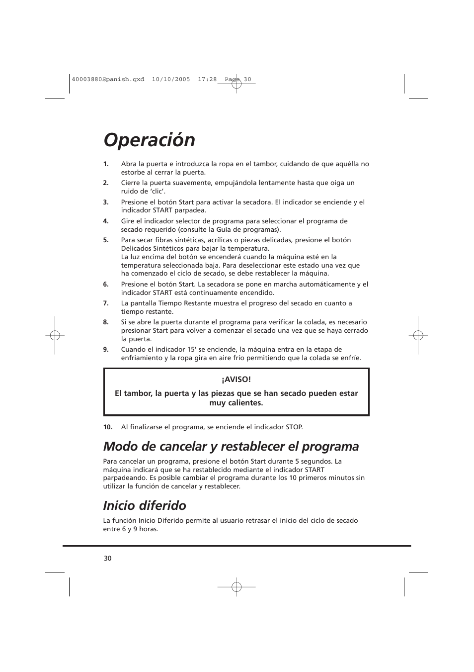 Operación, Modo de cancelar y restablecer el programa, Inicio diferido | Candy AB CV1 66-37 User Manual | Page 30 / 36