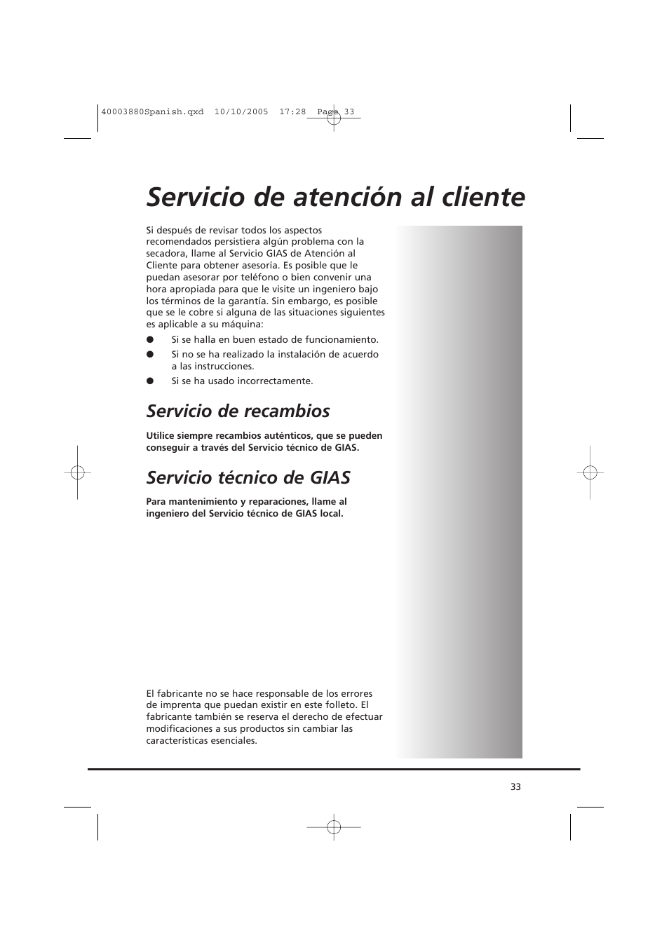 Servicio de atención al cliente, Servicio de recambios, Servicio técnico de gias | Candy AB CV1 66-37 User Manual | Page 33 / 36