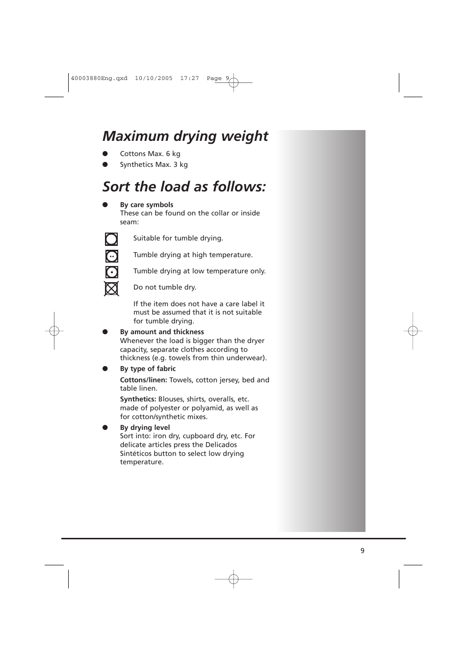 Maximum drying weight, Sort the load as follows | Candy AB CV1 66-37 User Manual | Page 9 / 36