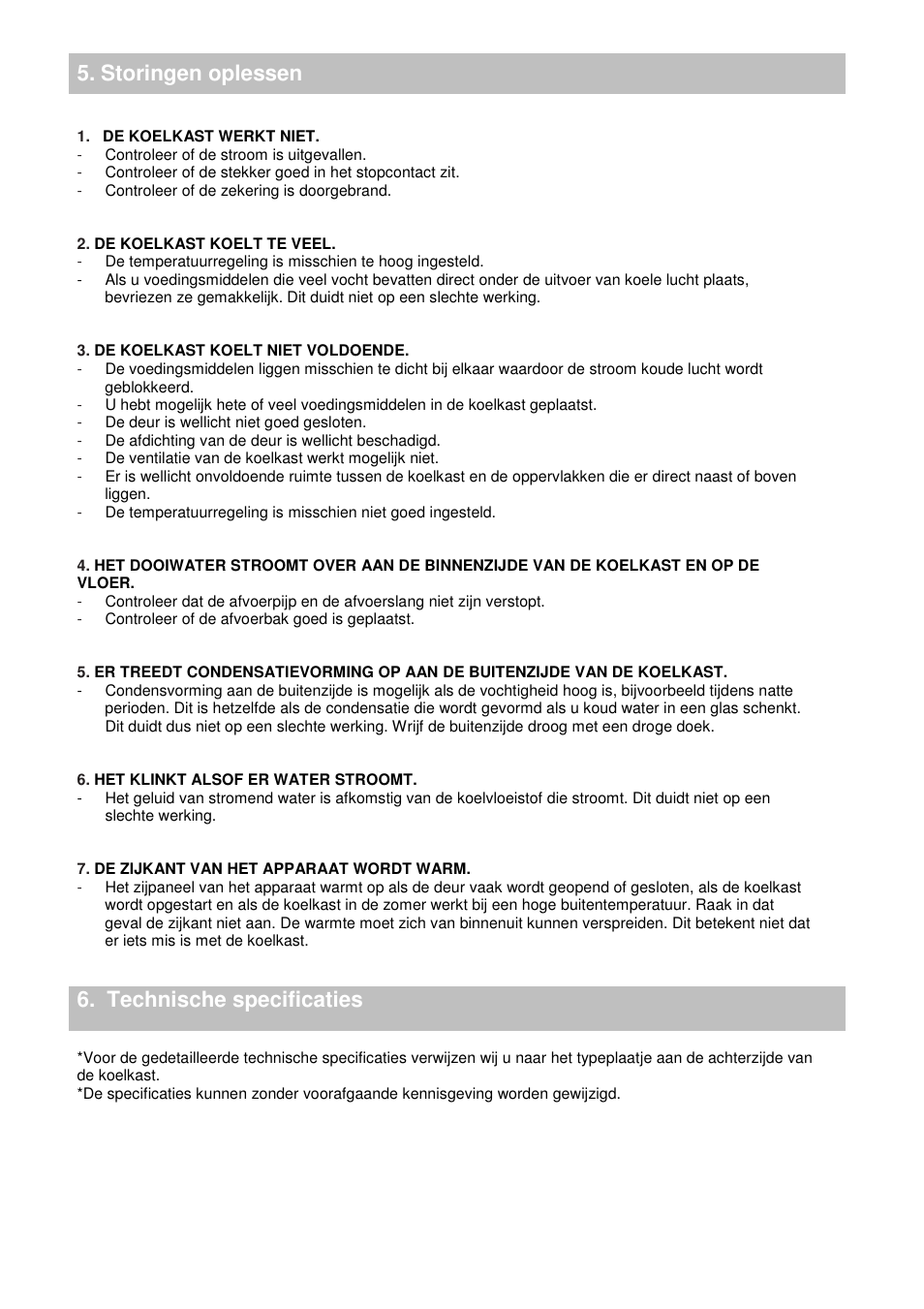 Storingen oplessen 6. technische specificaties | Candy CFLE 5485 S User Manual | Page 123 / 133