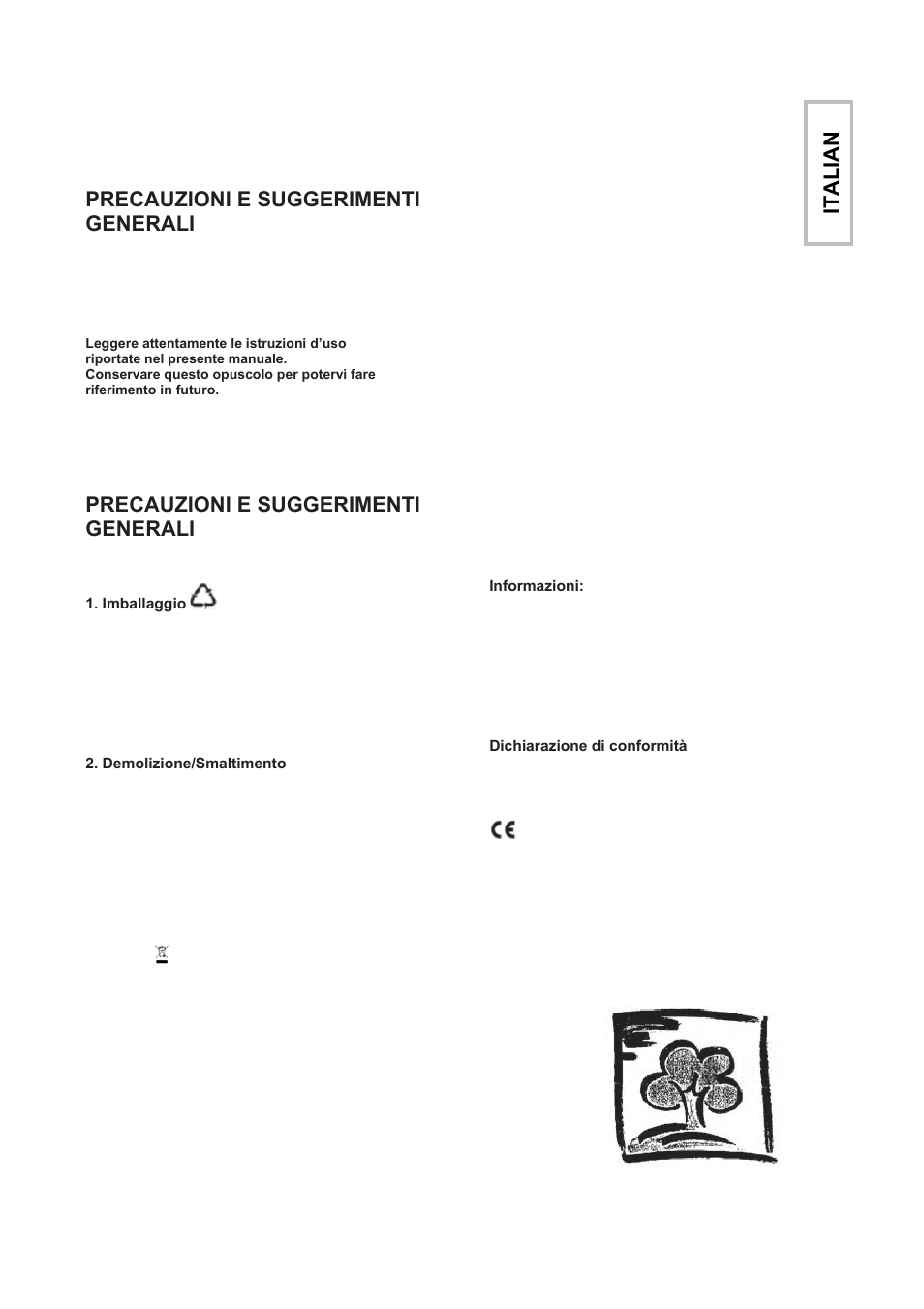 Precauzioni e suggerimenti generali, Italia n | Candy CFLE 5485 S User Manual | Page 9 / 133