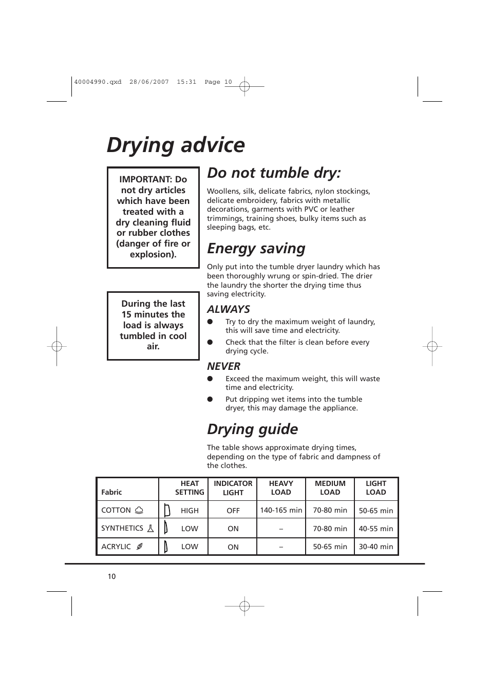 Drying advice, Do not tumble dry, Energy saving | Drying guide, Always, Never | Candy GO DC 78-37 User Manual | Page 10 / 40