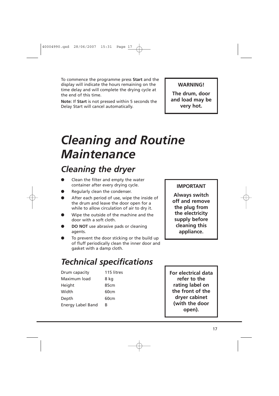 Cleaning and routine maintenance, Cleaning the dryer, Technical specifications | Candy GO DC 78-37 User Manual | Page 17 / 40