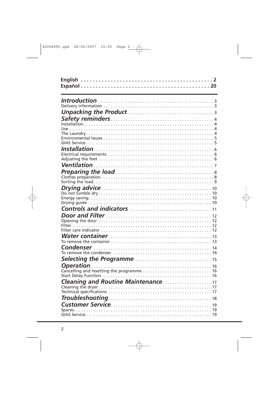 Introduction, Unpacking the product, Safety reminders | Installation, Ventilation, Preparing the load, Drying advice, Controls and indicators, Door and filter, Water container | Candy GO DC 78-37 User Manual | Page 2 / 40