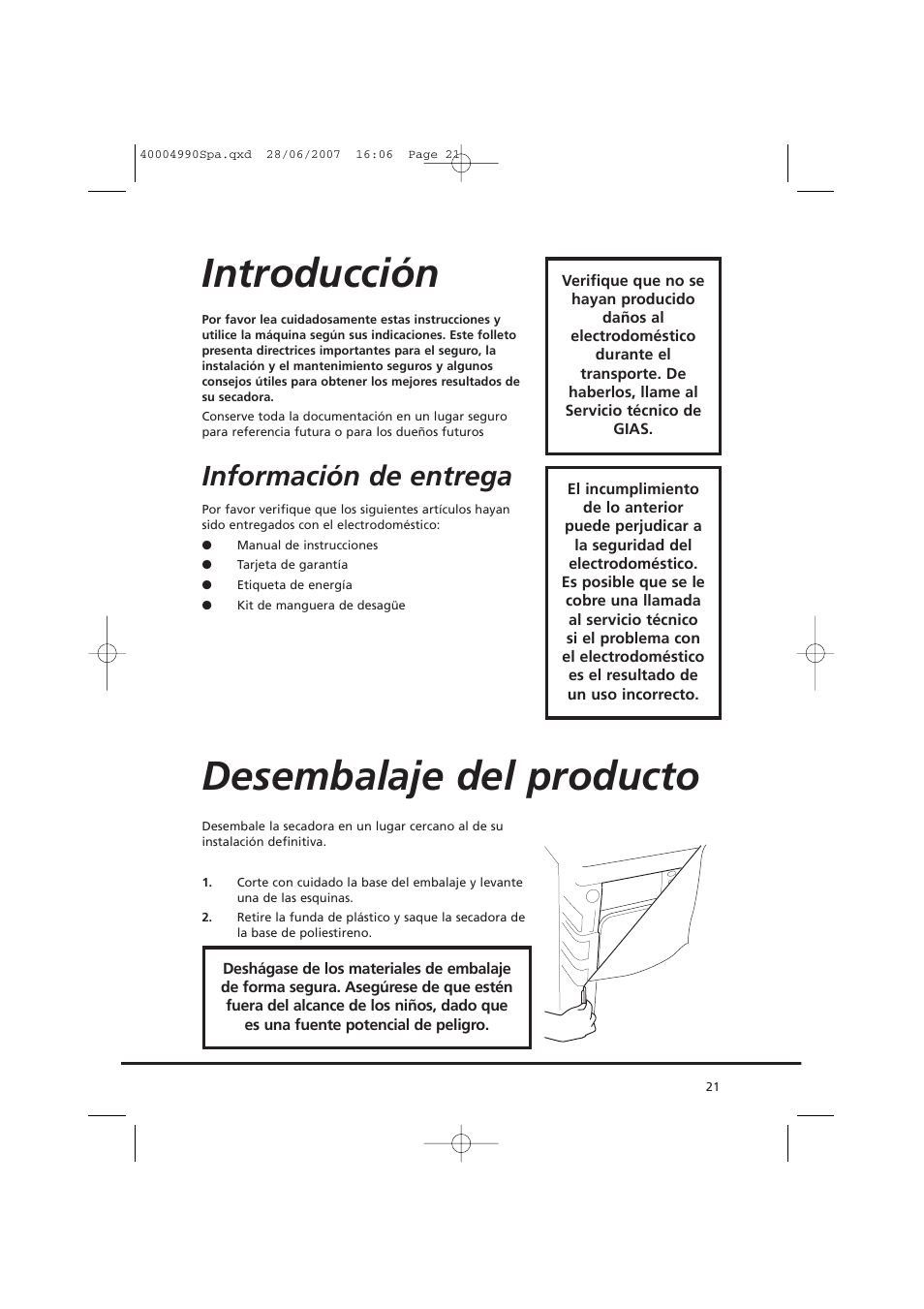 Introducción, Desembalaje del producto, Información de entrega | Candy GO DC 78-37 User Manual | Page 21 / 40