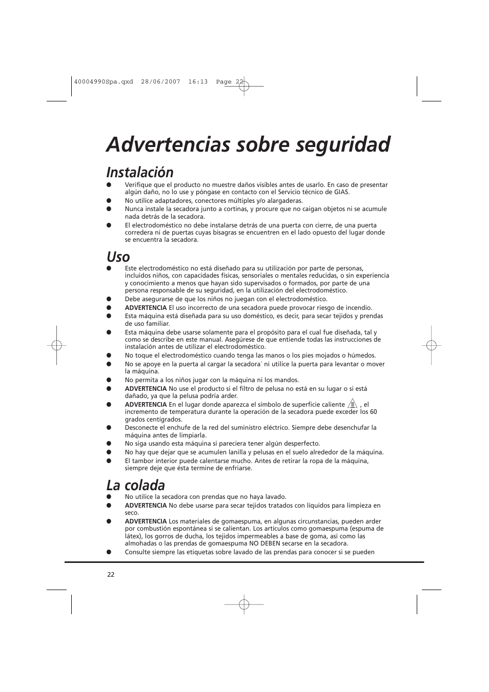 Advertencias sobre seguridad, Instalación, La colada | Candy GO DC 78-37 User Manual | Page 22 / 40