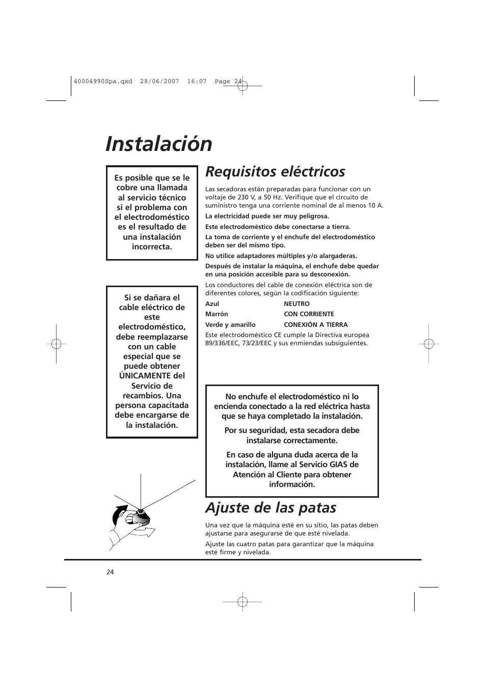 Instalación, Requisitos eléctricos, Ajuste de las patas | Candy GO DC 78-37 User Manual | Page 24 / 40