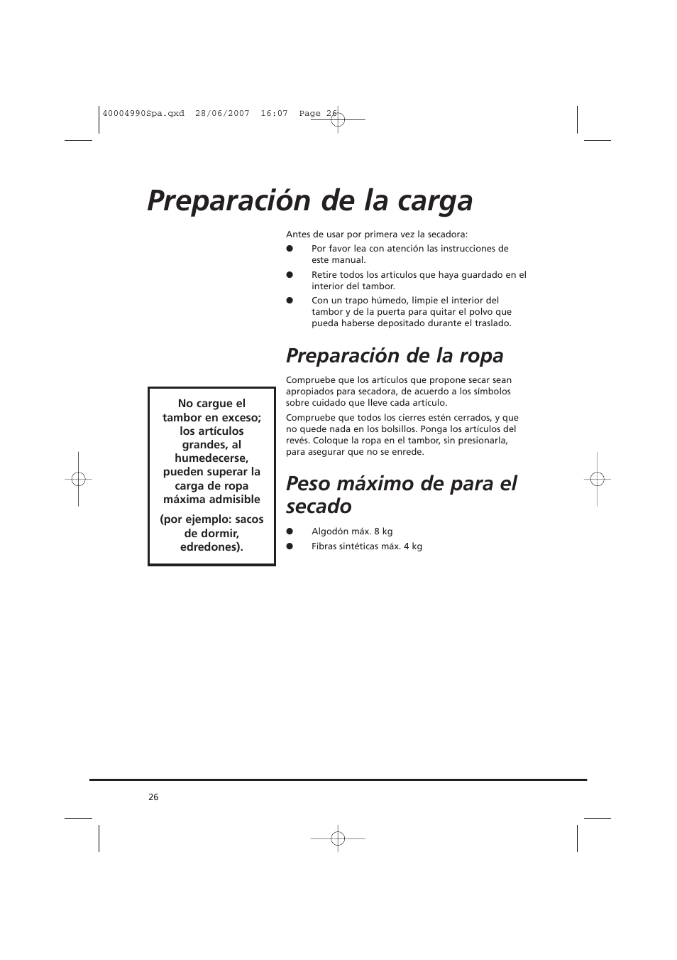 Preparación de la carga, Preparación de la ropa, Peso máximo de para el secado | Candy GO DC 78-37 User Manual | Page 26 / 40