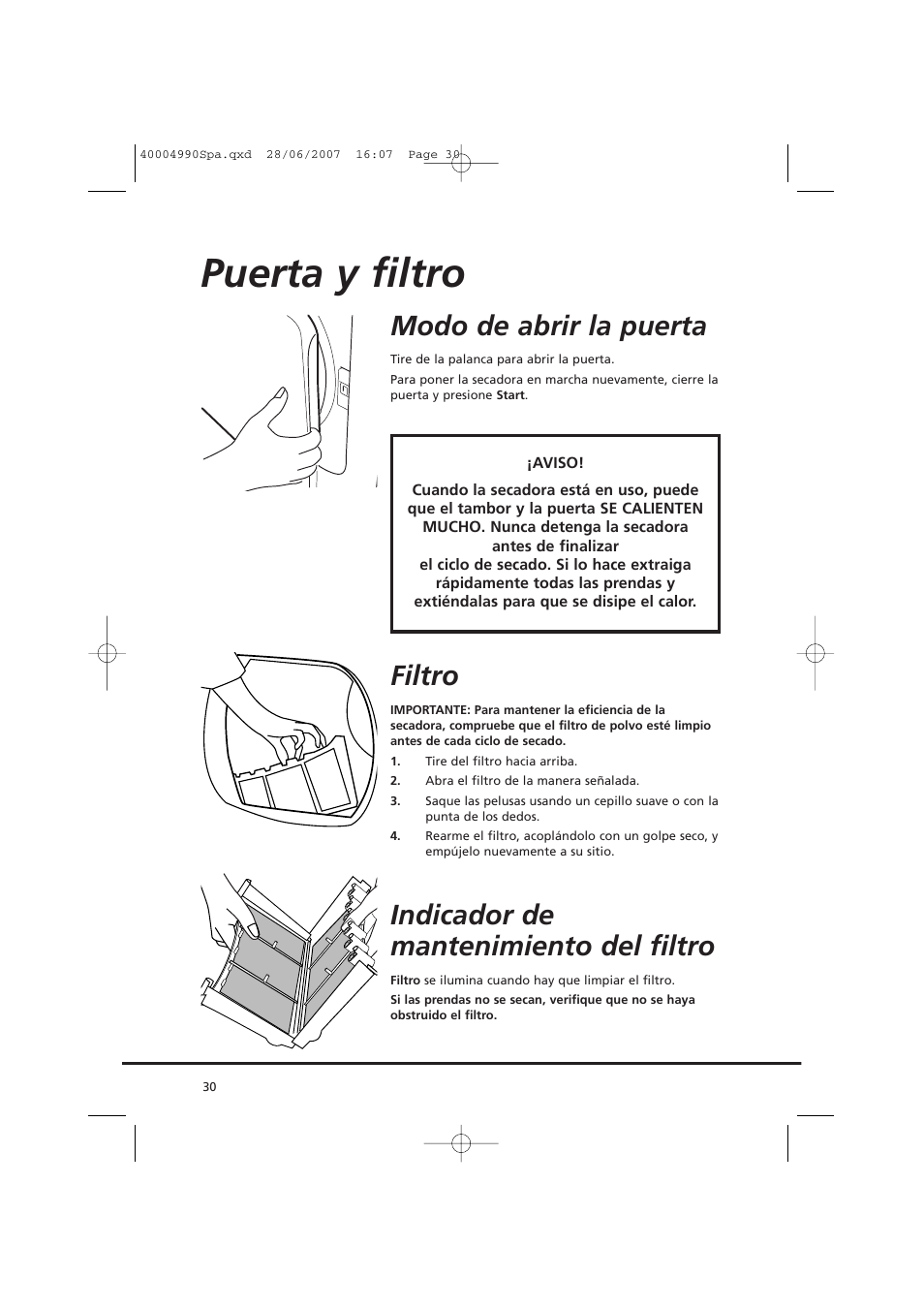 Puerta y filtro, Modo de abrir la puerta, Filtro | Indicador de mantenimiento del filtro | Candy GO DC 78-37 User Manual | Page 30 / 40
