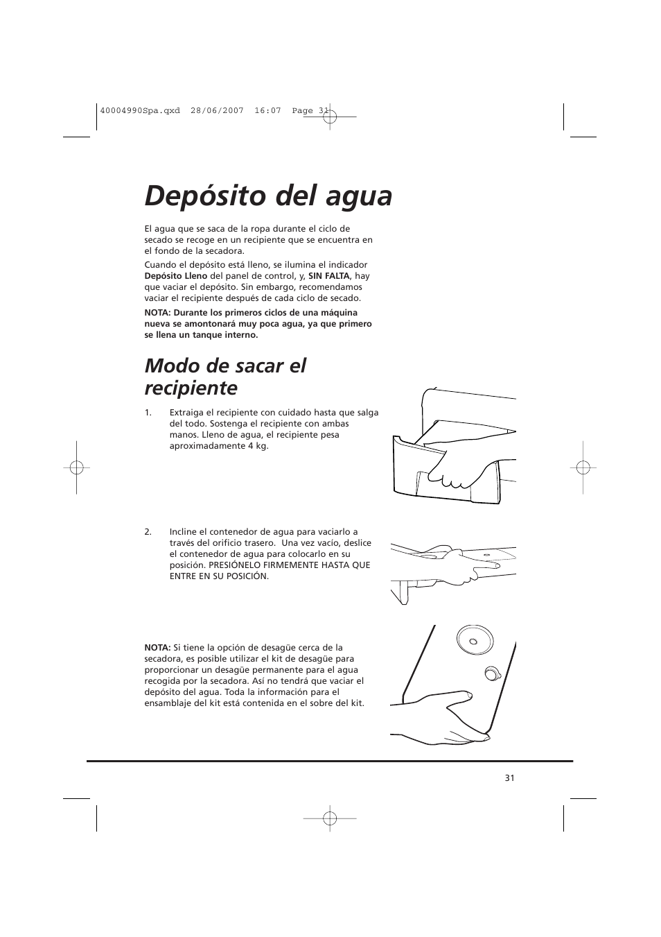 Depósito del agua, Modo de sacar el recipiente | Candy GO DC 78-37 User Manual | Page 31 / 40