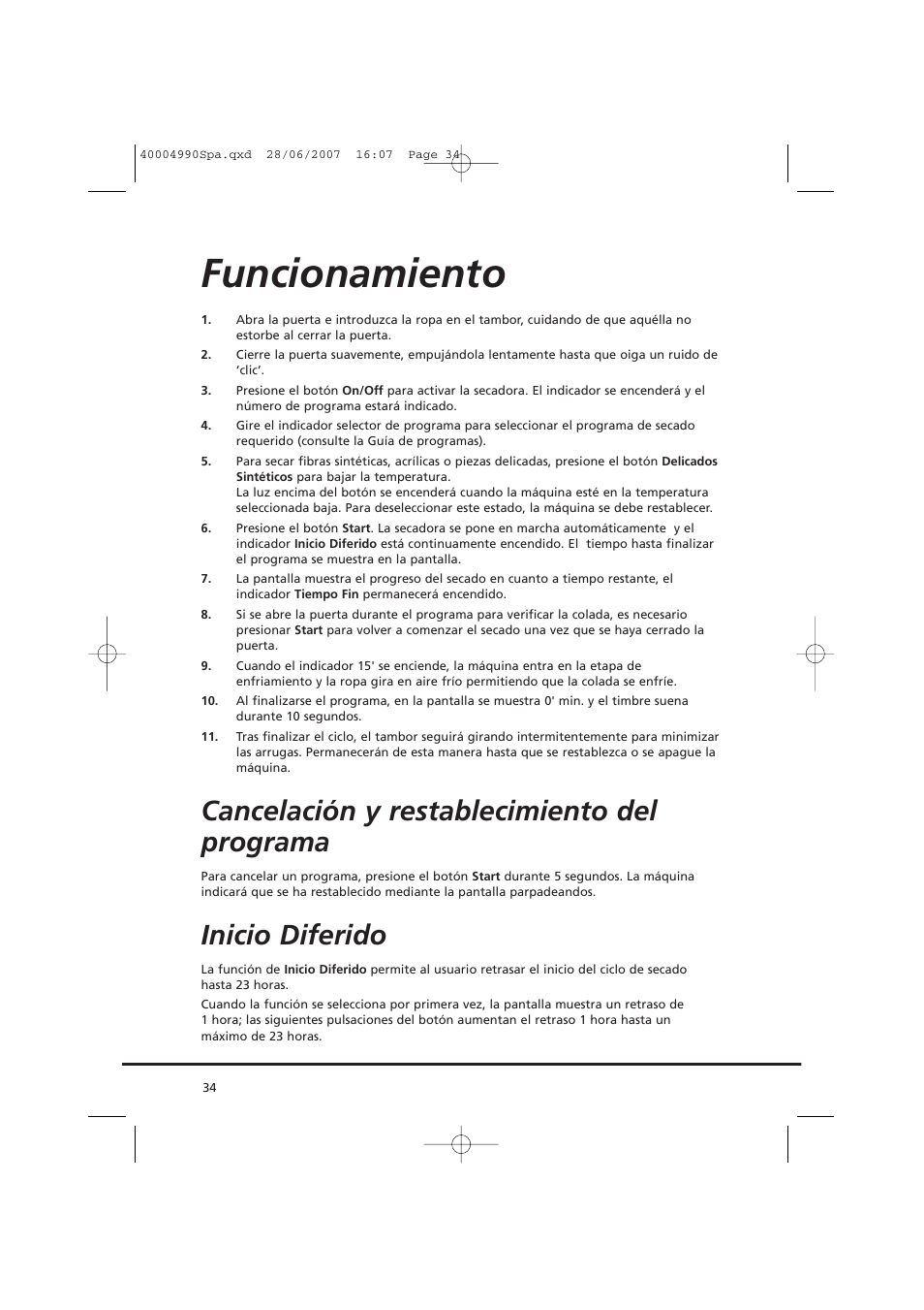 Funcionamiento, Cancelación y restablecimiento del programa, Inicio diferido | Candy GO DC 78-37 User Manual | Page 34 / 40