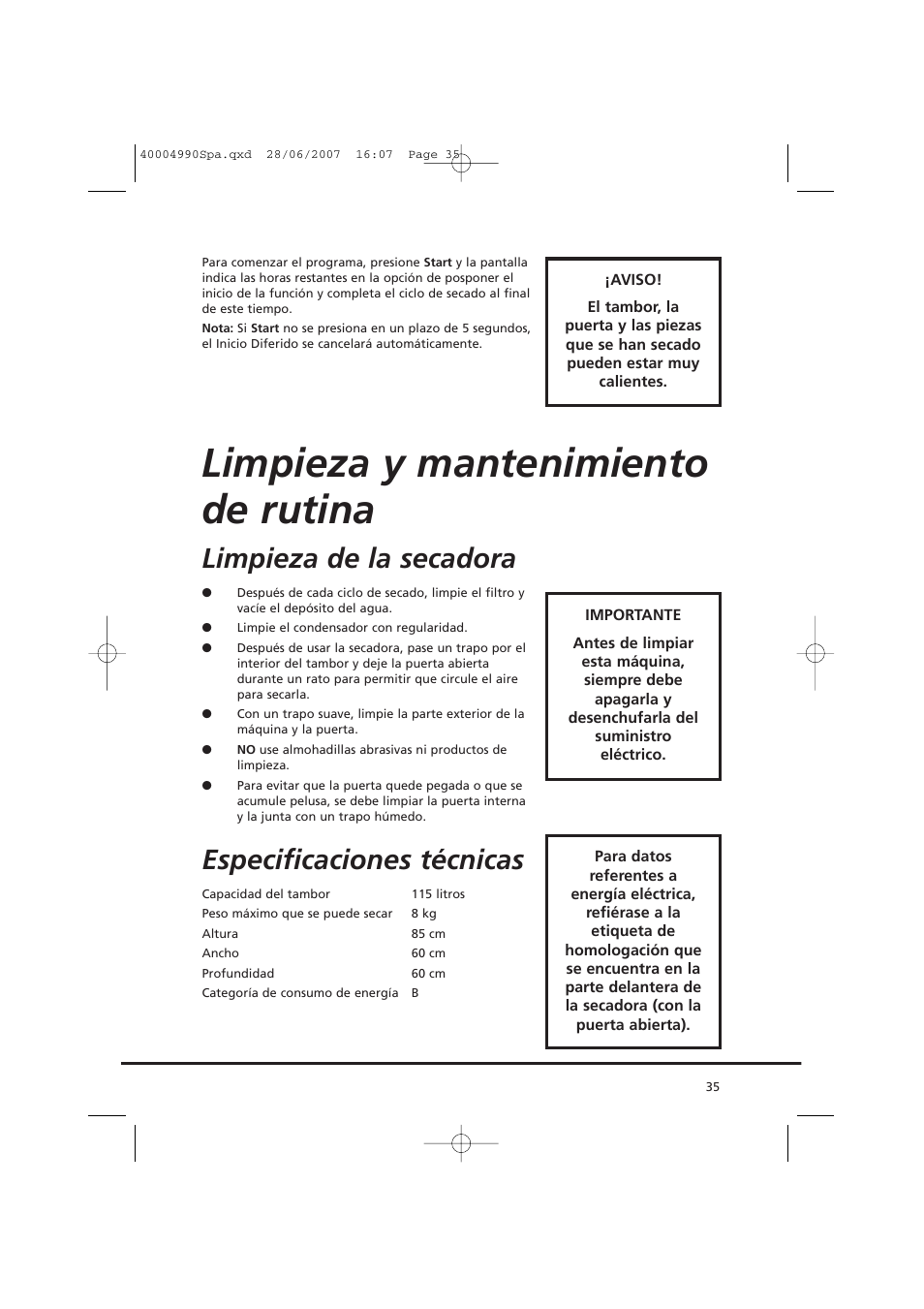 Limpieza y mantenimiento de rutina, Limpieza de la secadora, Especificaciones técnicas | Candy GO DC 78-37 User Manual | Page 35 / 40