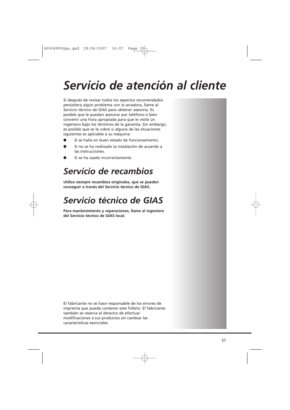 Servicio de atención al cliente, Servicio de recambios, Servicio técnico de gias | Candy GO DC 78-37 User Manual | Page 37 / 40
