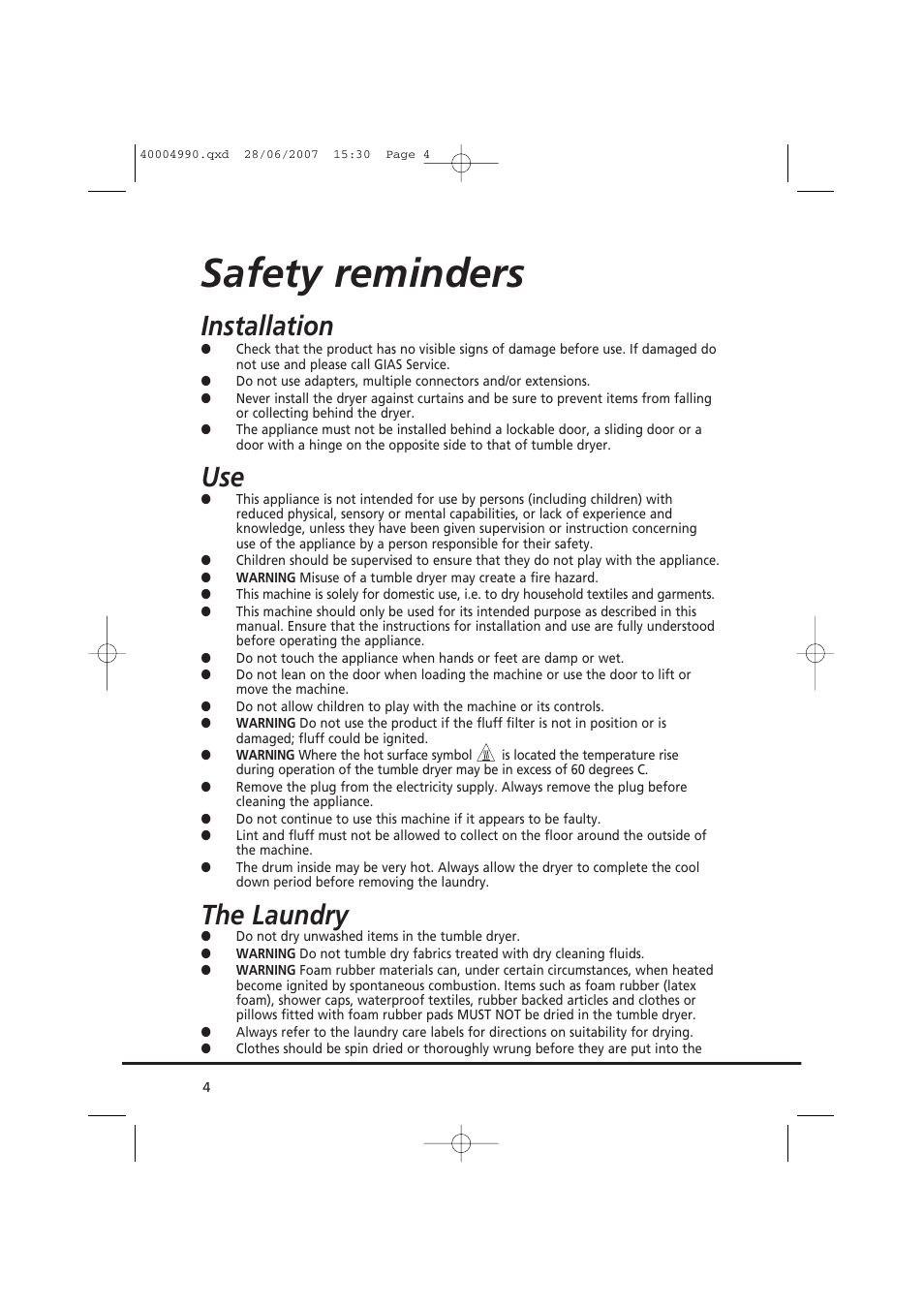 Safety reminders, Installation, The laundry | Candy GO DC 78-37 User Manual | Page 4 / 40