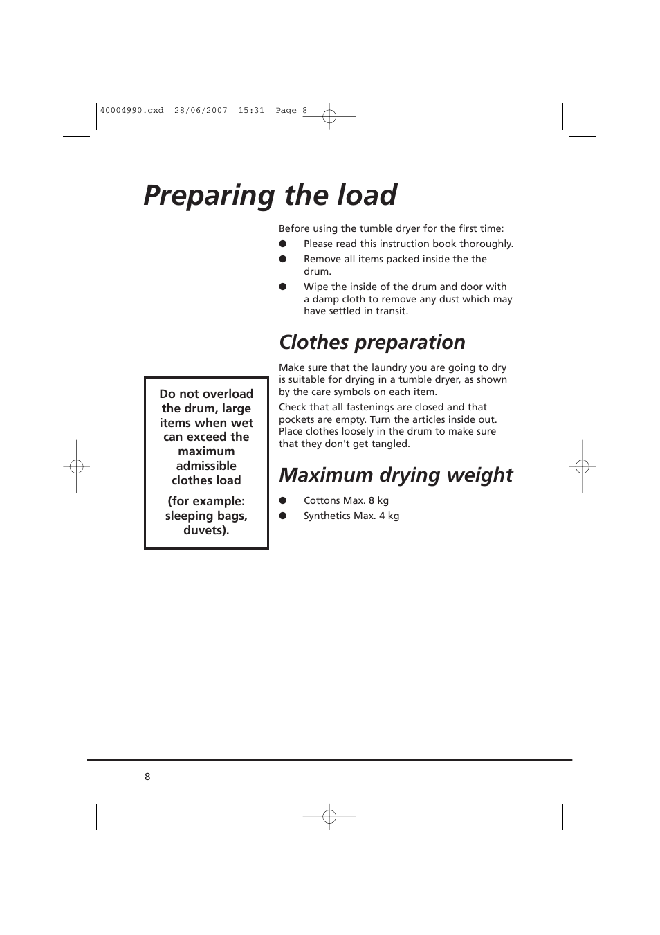 Preparing the load, Clothes preparation, Maximum drying weight | Candy GO DC 78-37 User Manual | Page 8 / 40