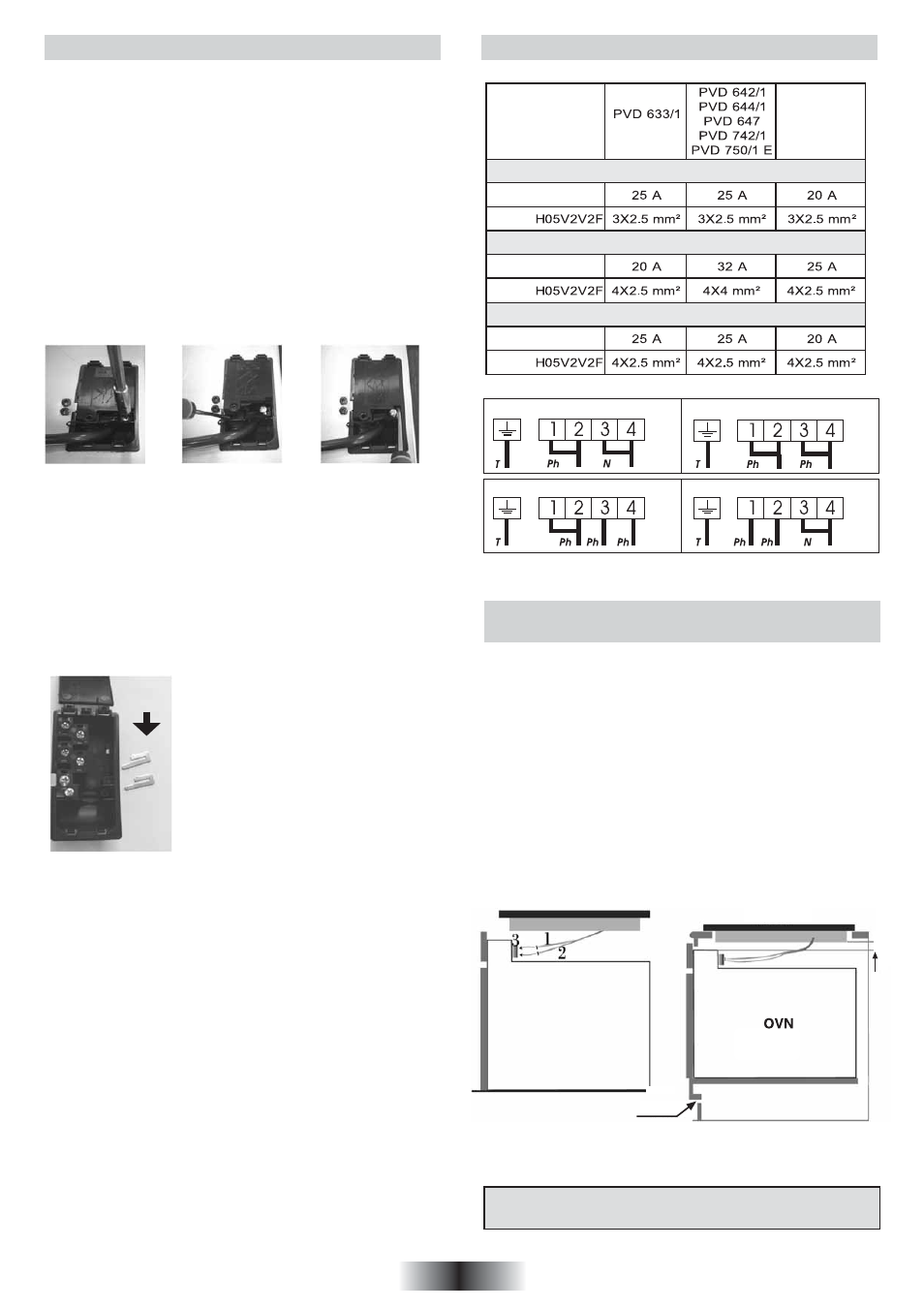 Glaskeramisk kogeplade uden kontrolknapper (pvs), Tilslutning til klemmerne på klemrækken, Pvd-modeller | Candy PVC 460 C User Manual | Page 60 / 65