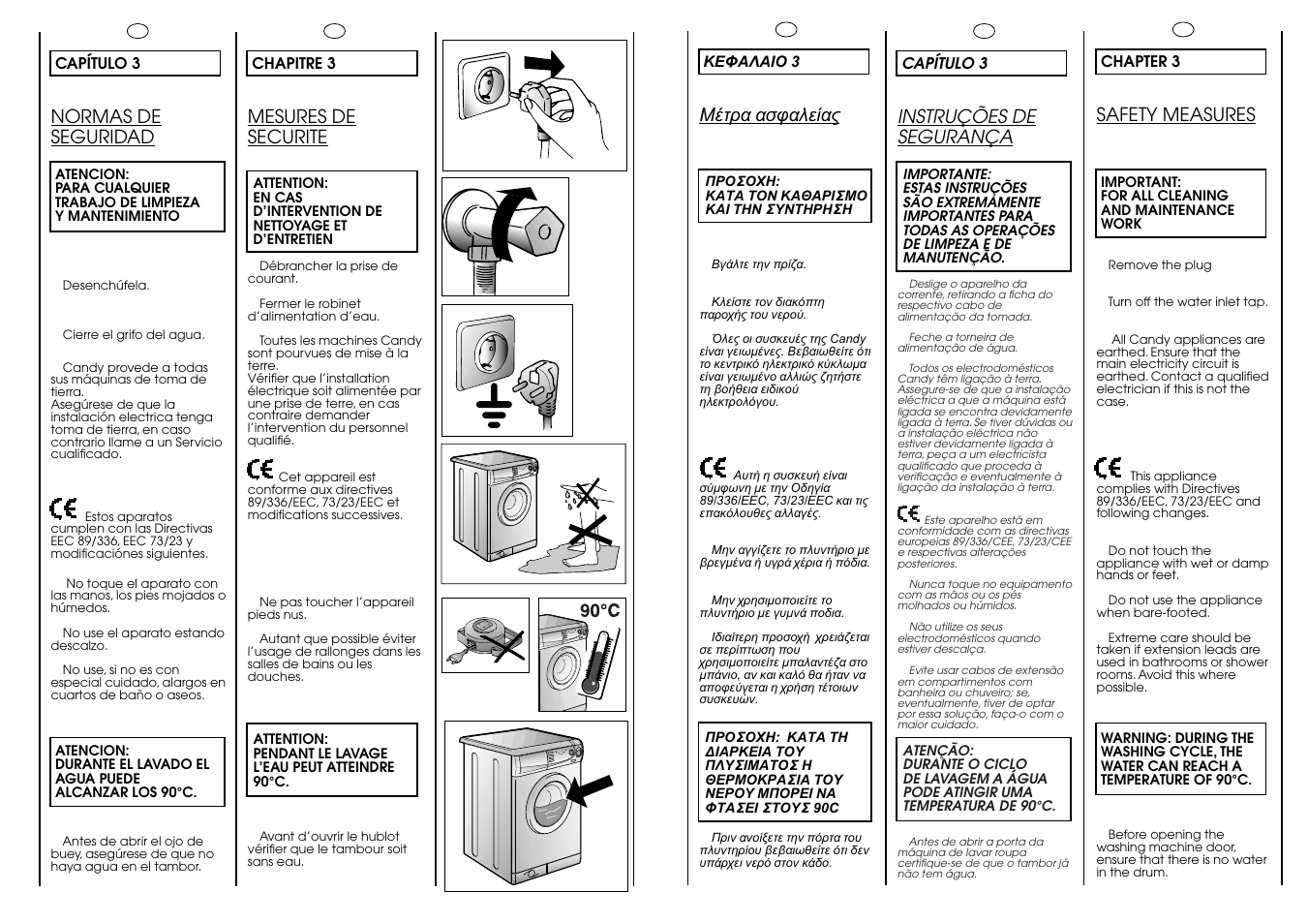 Safety measures, Normas de seguridad, Instruções de segurança | Mesures de securite | Candy CBL 65.6 SY User Manual | Page 6 / 37