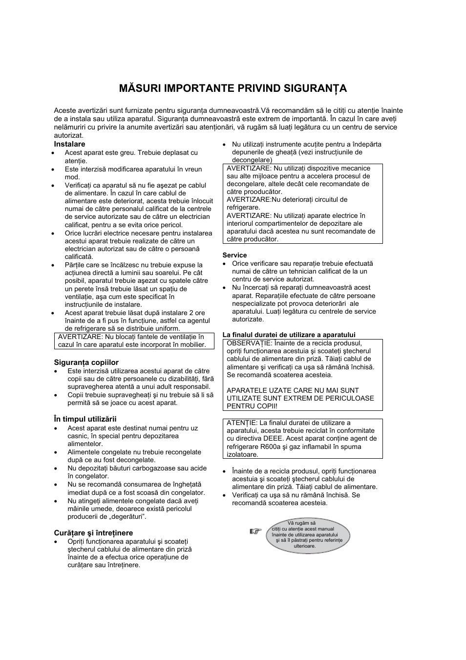 Măsuri importante privind siguranţa | Candy CFL 2350 E User Manual | Page 103 / 140