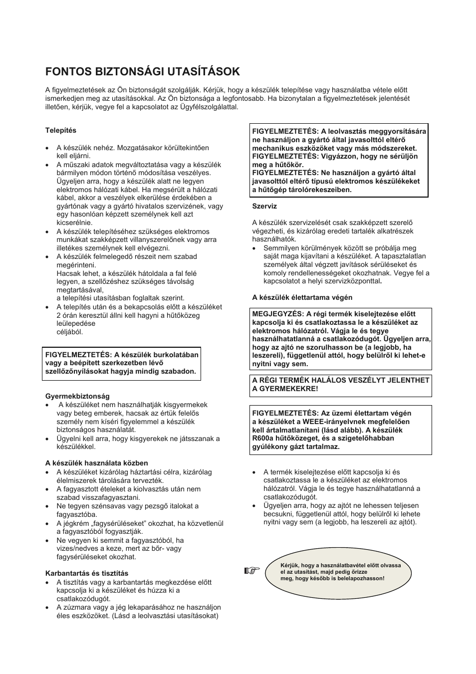 Fontos biztonsági utasítások | Candy CFL 2350 E User Manual | Page 111 / 140