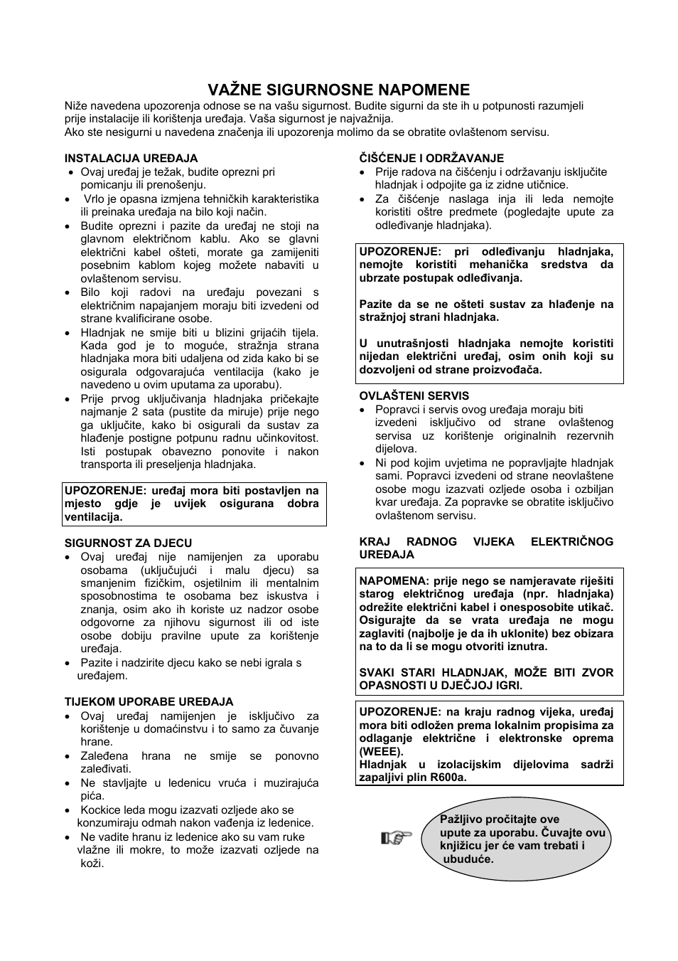 Važne sigurnosne napomene | Candy CFL 2350 E User Manual | Page 135 / 140