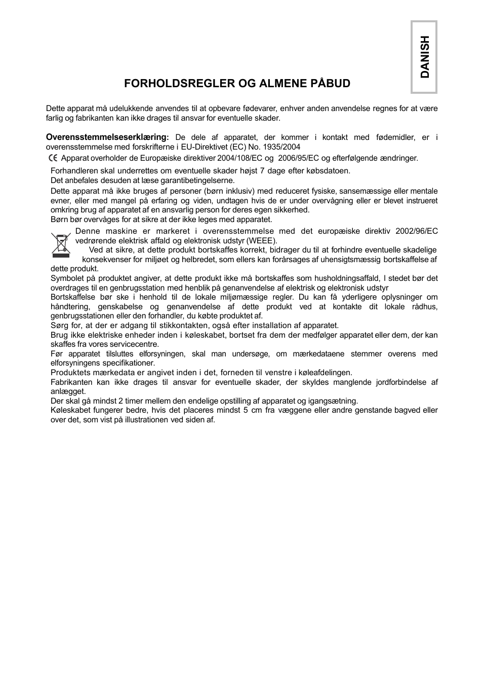 Forholdsregler og almene påbud, Dani s h | Candy CFL 2350 E User Manual | Page 93 / 140