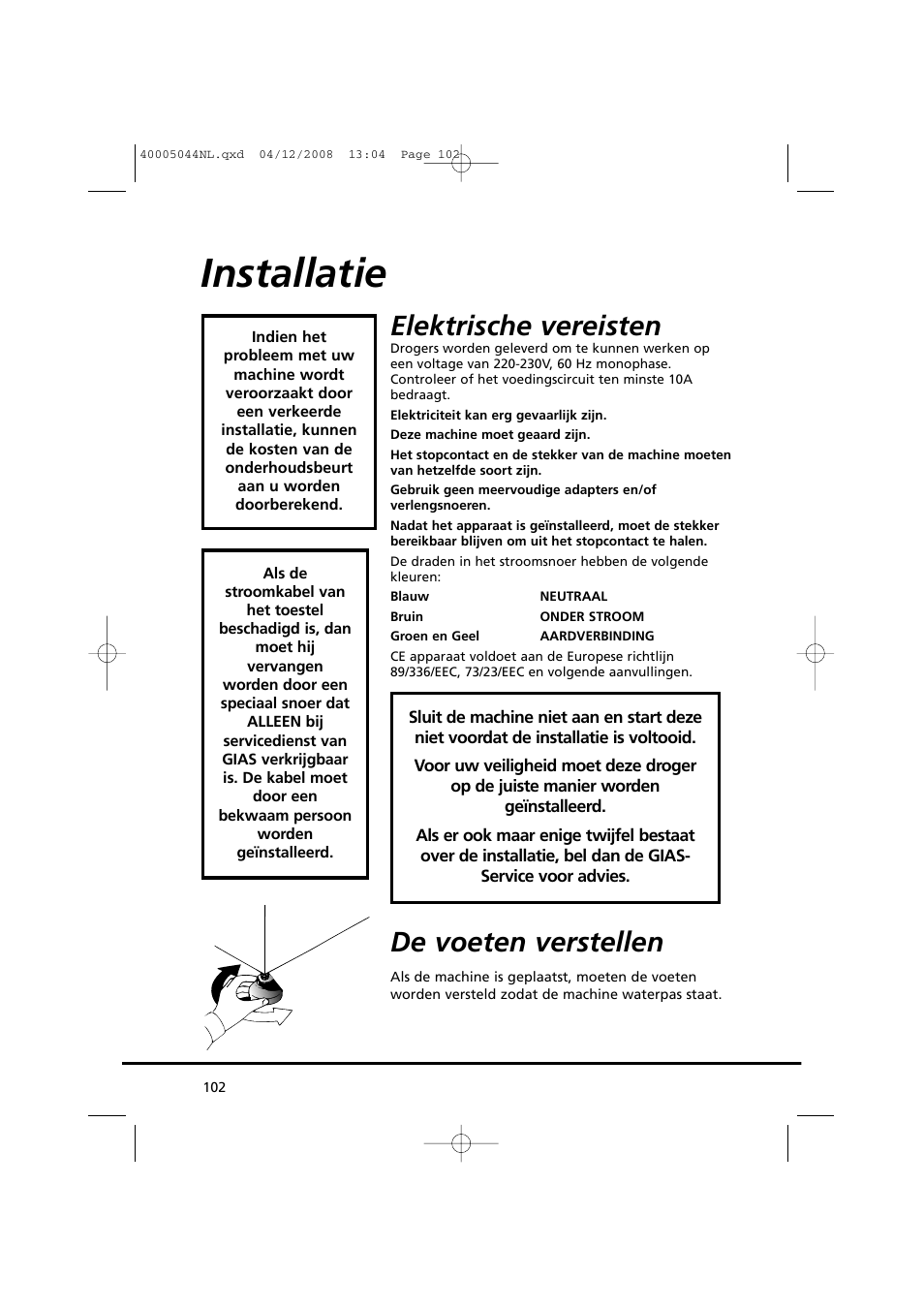 Installatie, Elektrische vereisten, De voeten verstellen | Candy GO DV 18-37S User Manual | Page 102 / 116