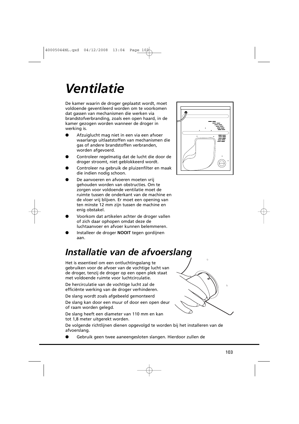 Ventilatie, Installatie van de afvoerslang | Candy GO DV 18-37S User Manual | Page 103 / 116