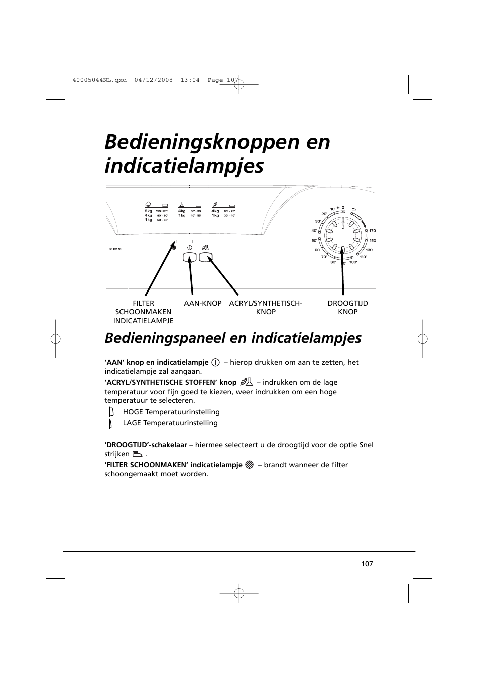 Bedieningsknoppen en indicatielampjes, Bedieningspaneel en indicatielampjes | Candy GO DV 18-37S User Manual | Page 107 / 116