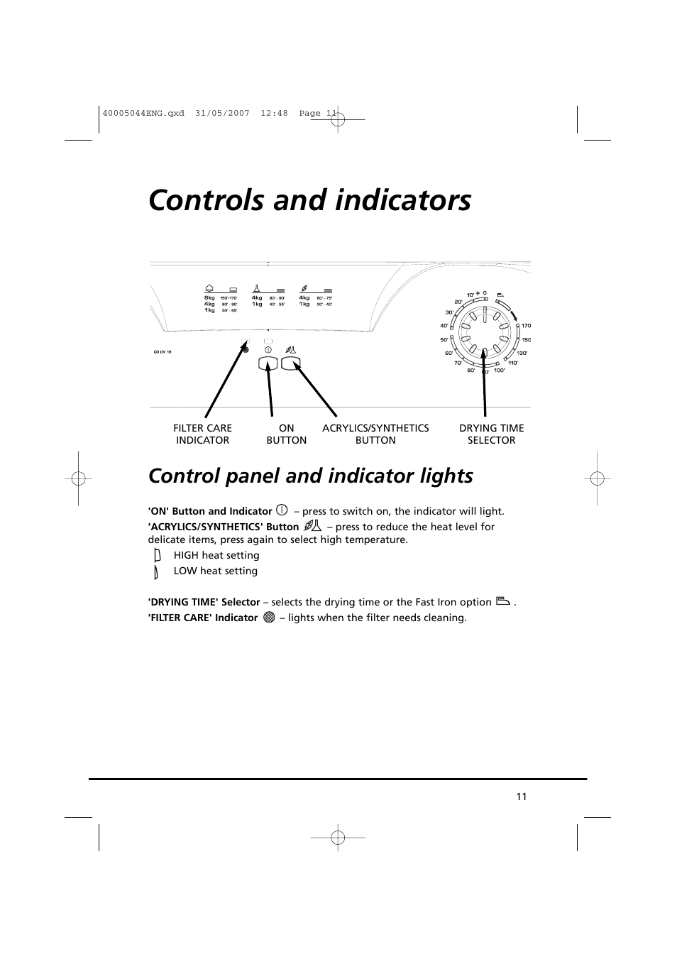 Controls and indicators, Control panel and indicator lights | Candy GO DV 18-37S User Manual | Page 11 / 116