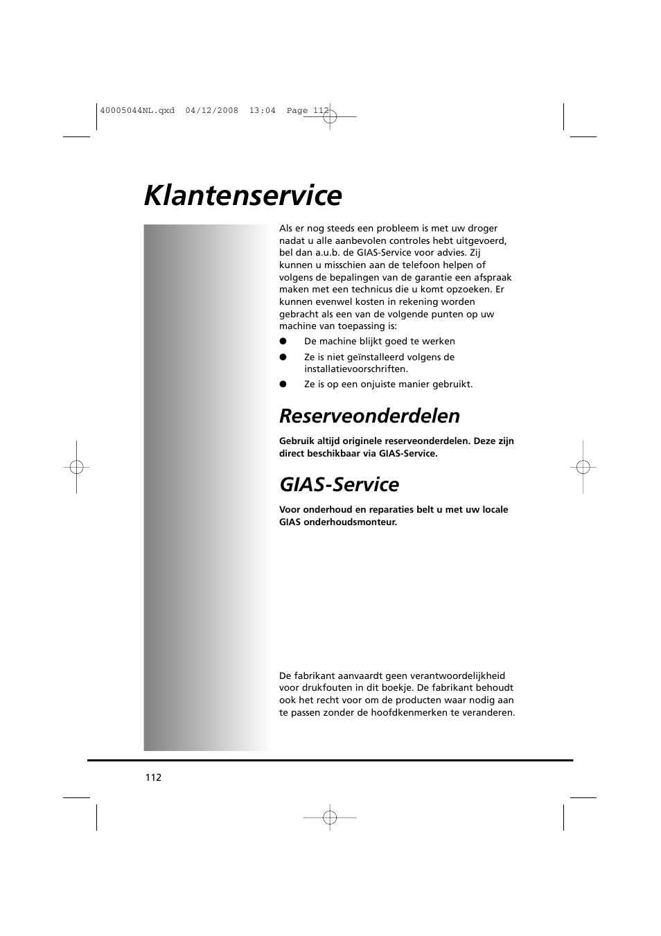 Klantenservice, Reserveonderdelen, Gias-service | Candy GO DV 18-37S User Manual | Page 112 / 116