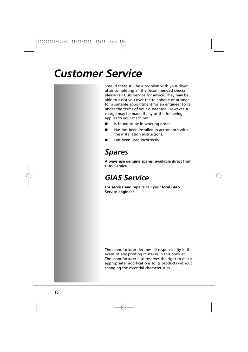 Customer service, Spares, Gias service | Candy GO DV 18-37S User Manual | Page 16 / 116