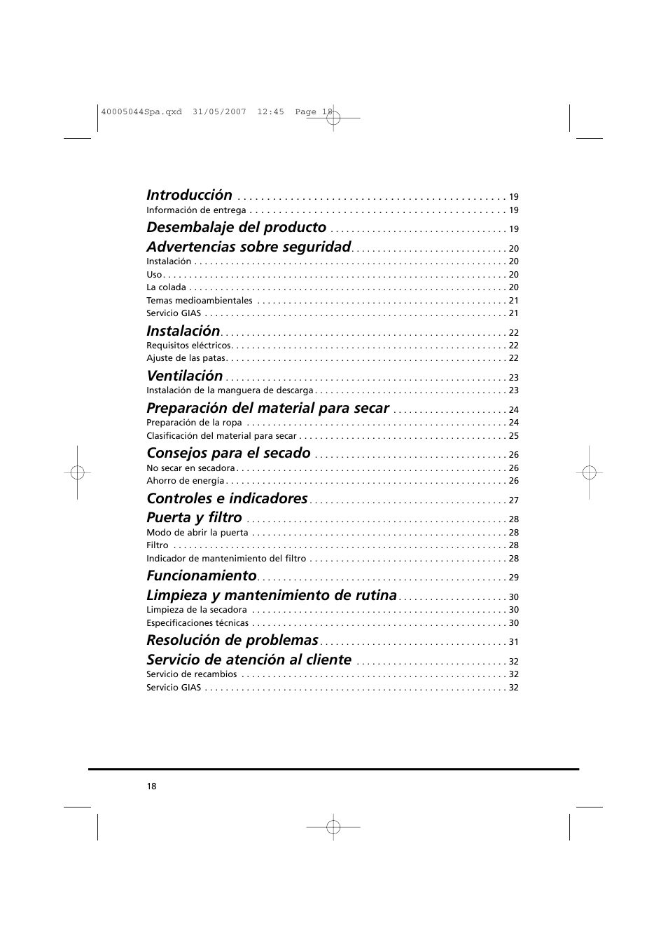 Introducción, Desembalaje del producto, Advertencias sobre seguridad | Instalación, Ventilación, Preparación del material para secar, Consejos para el secado, Controles e indicadores, Puerta y filtro, Funcionamiento | Candy GO DV 18-37S User Manual | Page 18 / 116