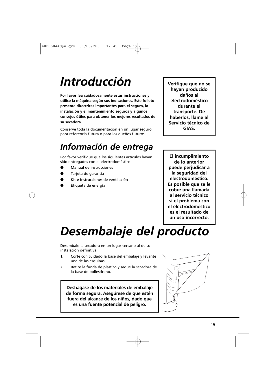 Introducción, Desembalaje del producto, Información de entrega | Candy GO DV 18-37S User Manual | Page 19 / 116