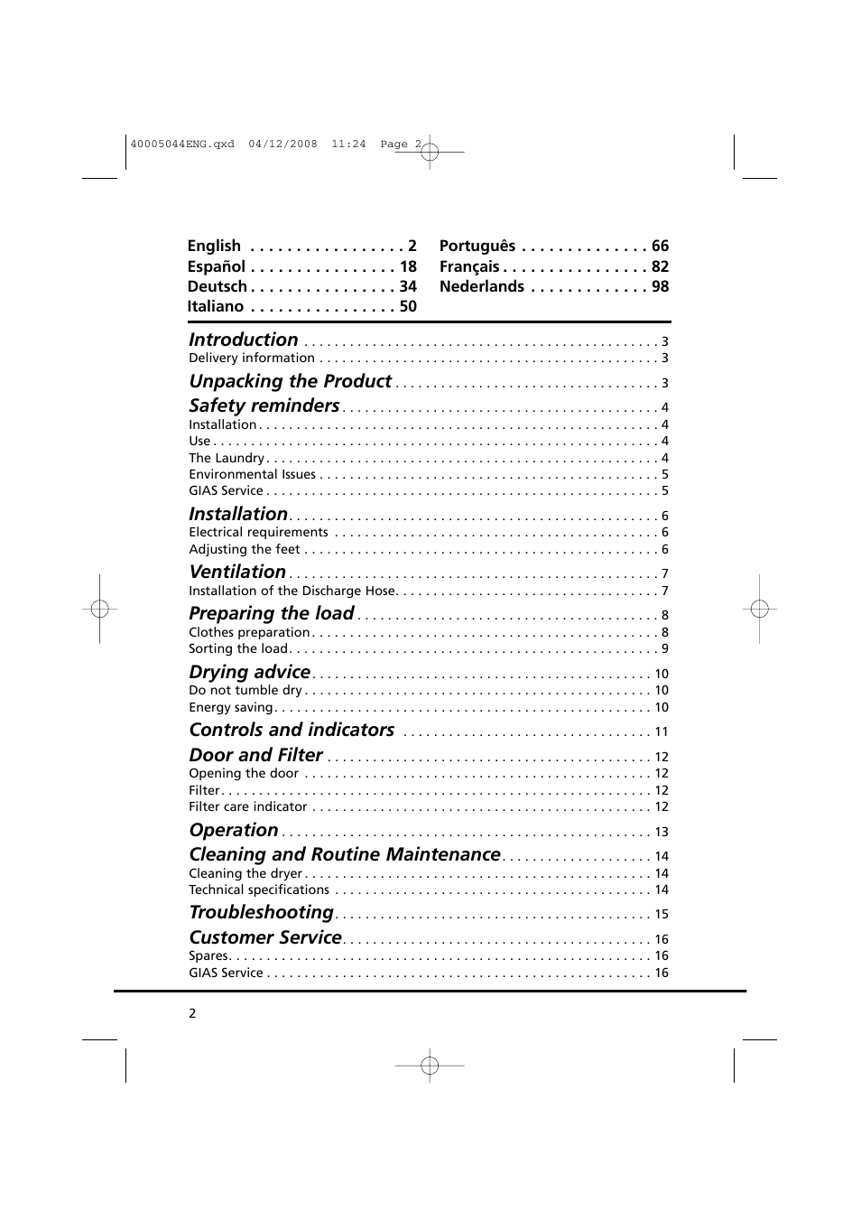 Introduction, Unpacking the product, Safety reminders | Installation, Ventilation, Preparing the load, Drying advice, Controls and indicators, Door and filter, Operation | Candy GO DV 18-37S User Manual | Page 2 / 116