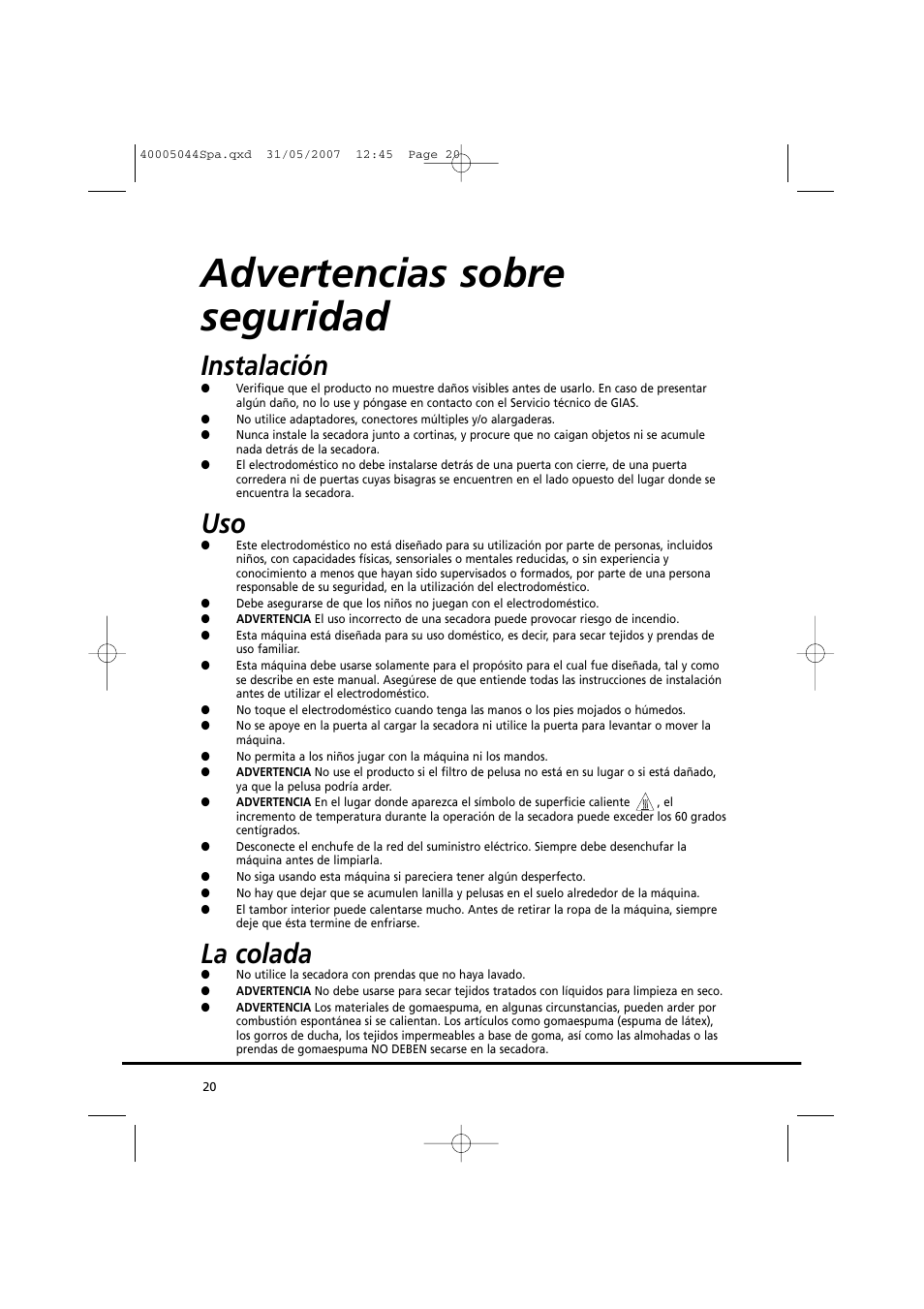 Advertencias sobre seguridad, Instalación, La colada | Candy GO DV 18-37S User Manual | Page 20 / 116