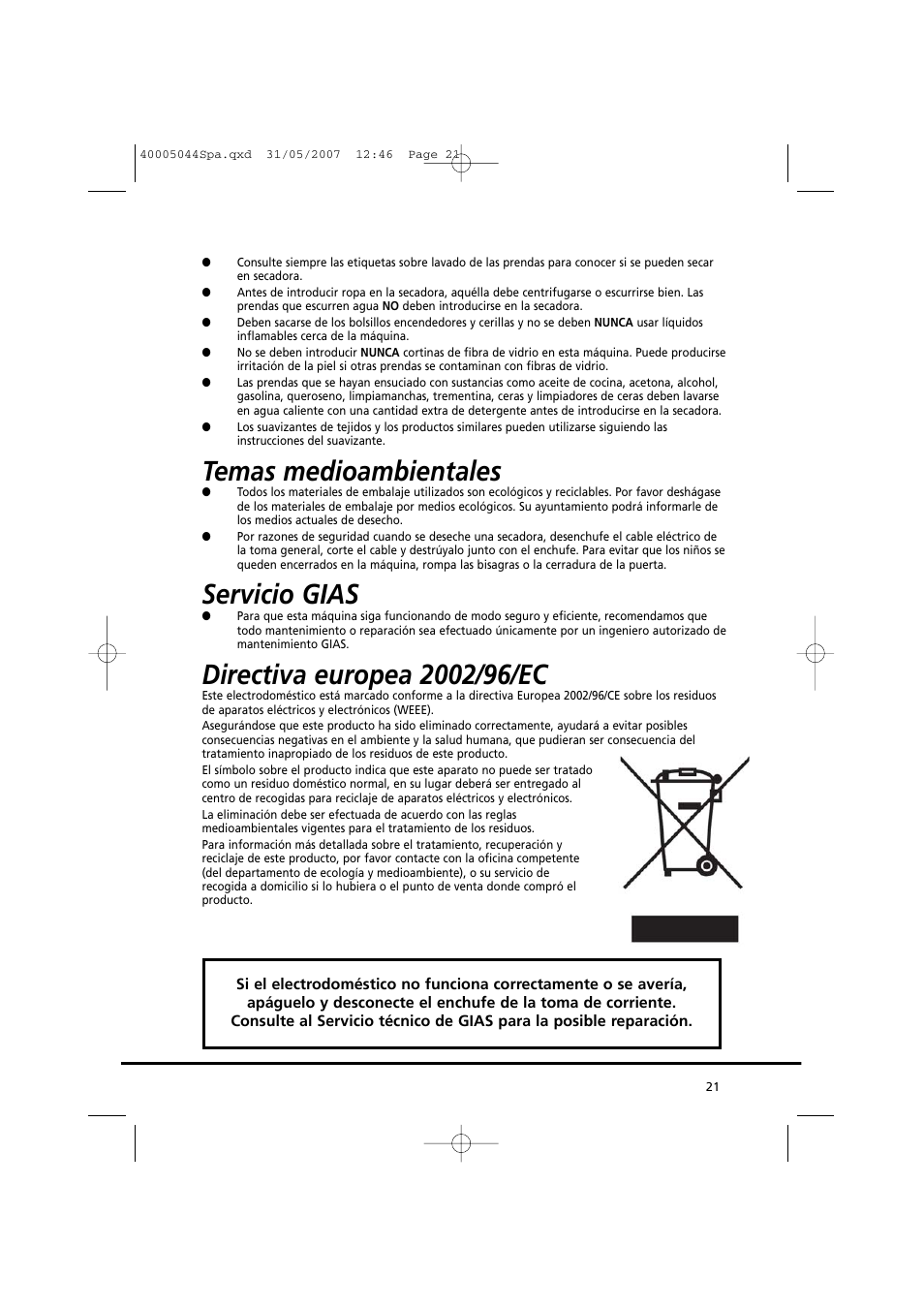Temas medioambientales, Servicio gias | Candy GO DV 18-37S User Manual | Page 21 / 116