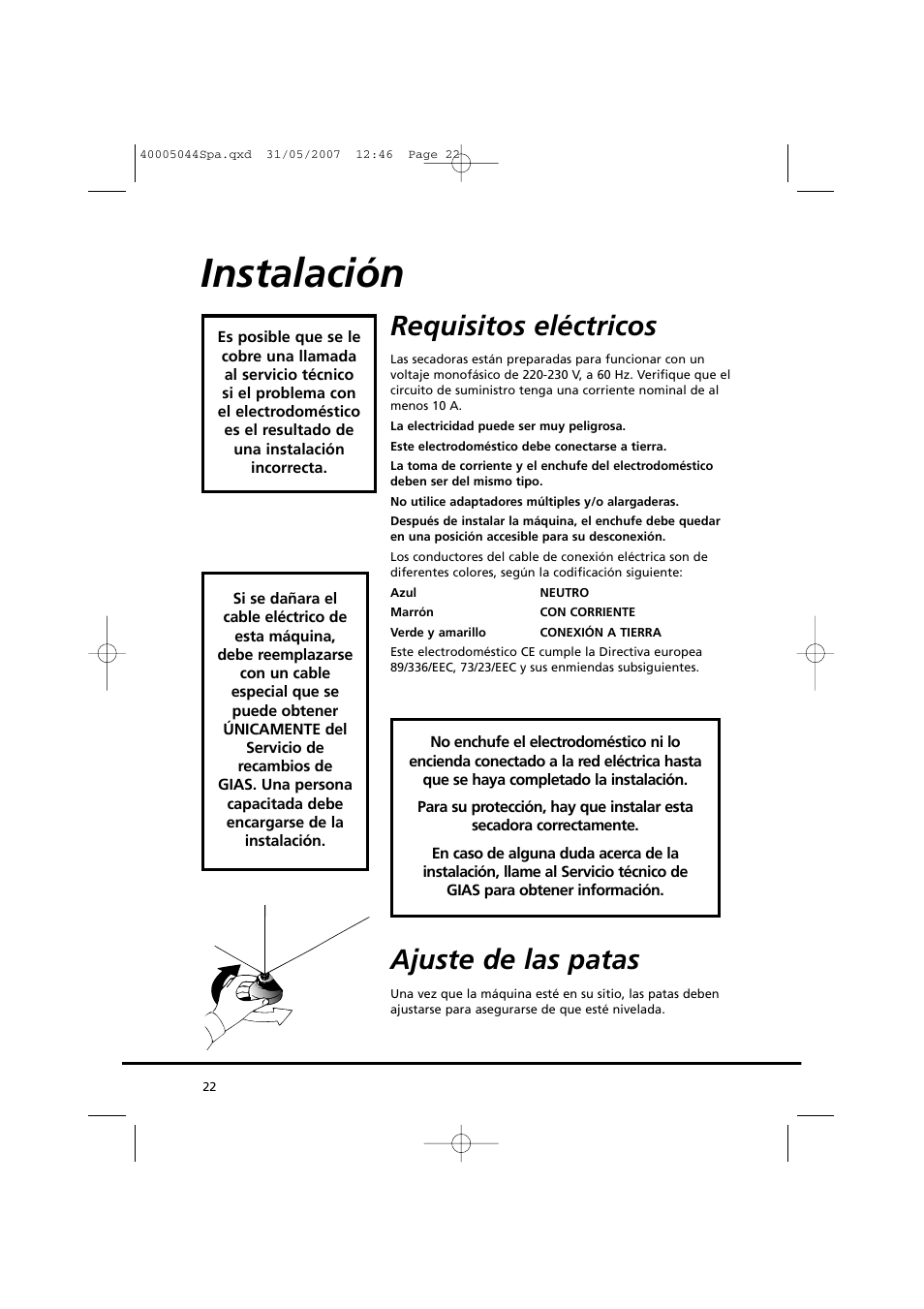 Instalación, Requisitos eléctricos, Ajuste de las patas | Candy GO DV 18-37S User Manual | Page 22 / 116