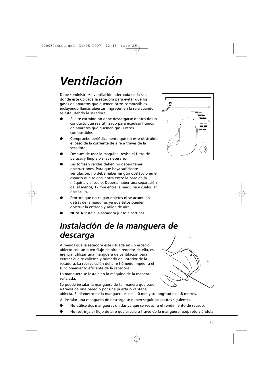 Ventilación, Instalación de la manguera de descarga | Candy GO DV 18-37S User Manual | Page 23 / 116