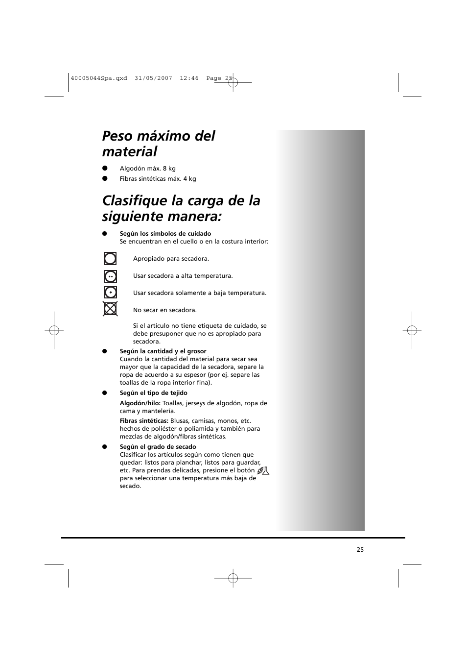 Peso máximo del material, Clasifique la carga de la siguiente manera | Candy GO DV 18-37S User Manual | Page 25 / 116