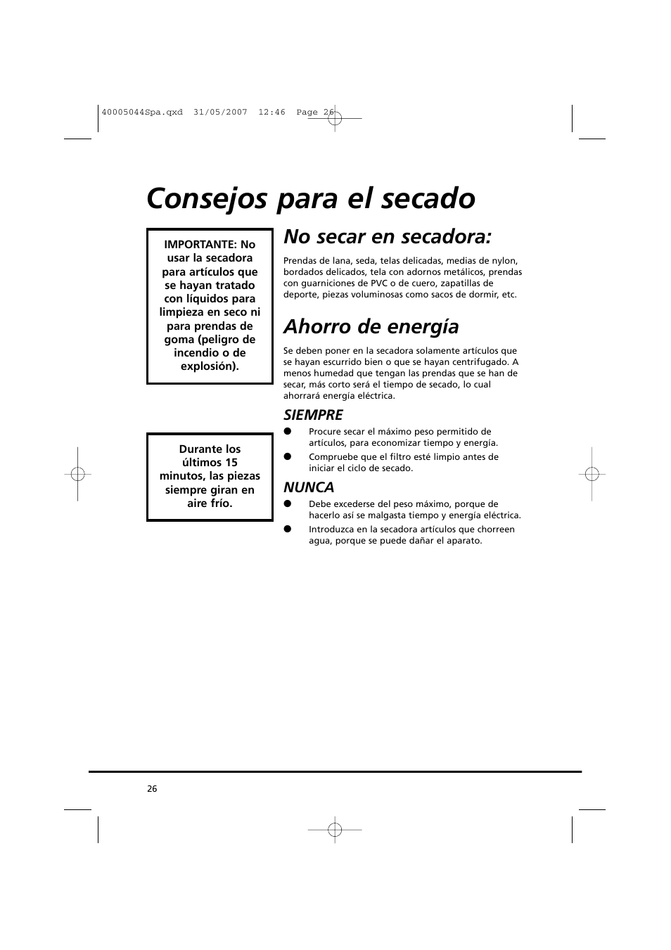 Consejos para el secado, No secar en secadora, Ahorro de energía | Siempre, Nunca | Candy GO DV 18-37S User Manual | Page 26 / 116