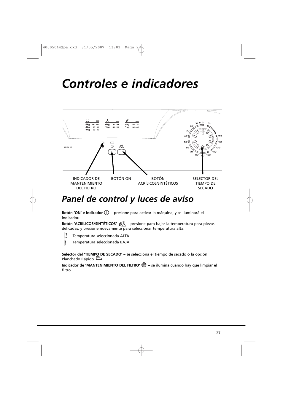 Controles e indicadores, Panel de control y luces de aviso | Candy GO DV 18-37S User Manual | Page 27 / 116