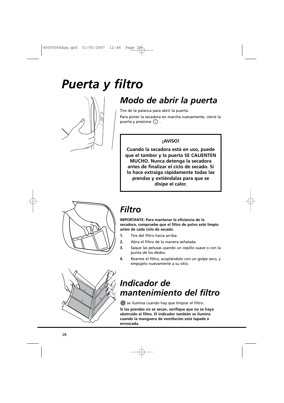 Puerta y filtro, Modo de abrir la puerta, Filtro | Indicador de mantenimiento del filtro | Candy GO DV 18-37S User Manual | Page 28 / 116