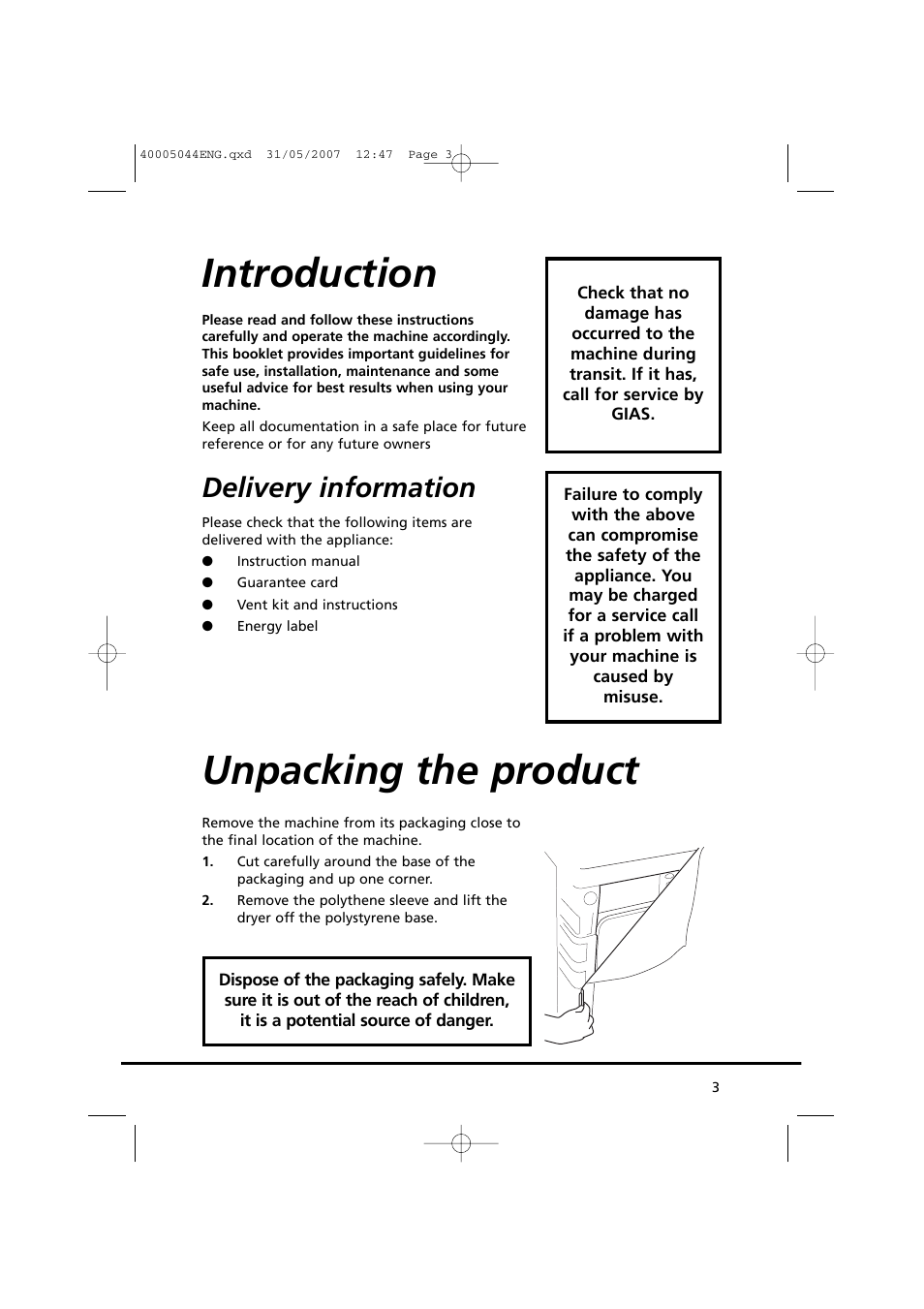 Introduction, Unpacking the product, Delivery information | Candy GO DV 18-37S User Manual | Page 3 / 116